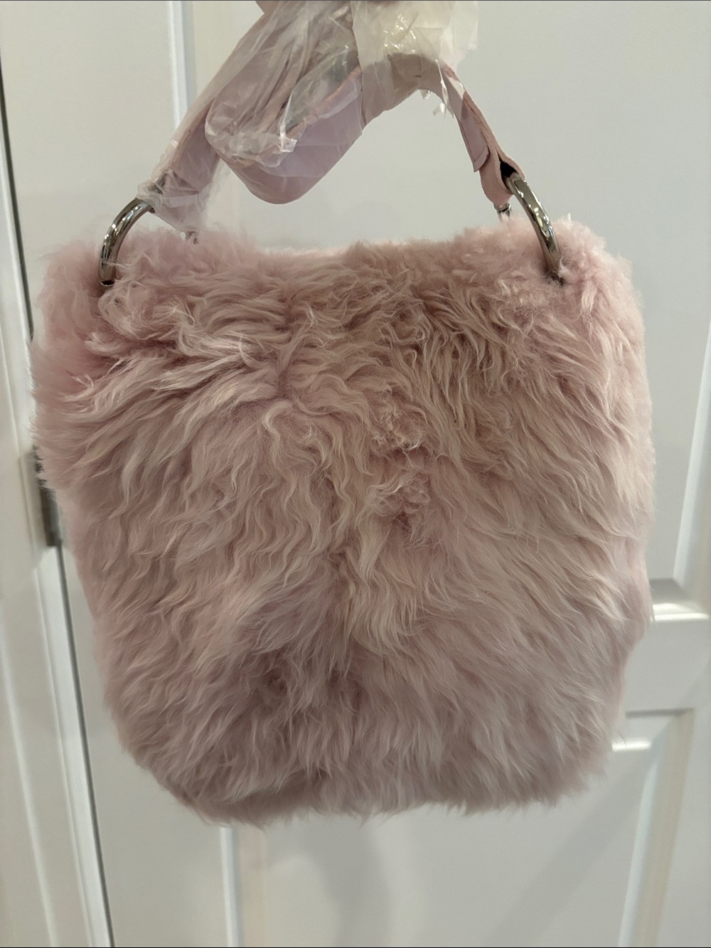 UGG Pale Pink Faux Fur Shoulder Bag with Silver Ring Handles